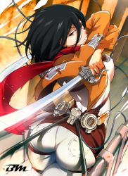 Rule 34 | 1girl, ass, back, bayeuxman, black eyes, black hair, breasts, collared shirt, dual wielding, from behind, half-closed eyes, highres, holding, jacket, long sleeves, looking back, mikasa ackerman, pants, pantylines, parted lips, red scarf, scarf, shingeki no kyojin, shirt, skin tight, sword, three-dimensional maneuver gear, tight clothes, tight pants, weapon, white pants