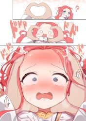 Rule 34 | 1boy, 1girl, 3koma, ?, absurdres, blue archive, blue eyes, blush, coat, comic, forehead, halo, heart, heart hands, highres, long hair, long sleeves, nose blush, o o, open mouth, red hair, shiyoo, spoken question mark, steam, sweat, tears, very long hair, white coat, yuzu (blue archive)