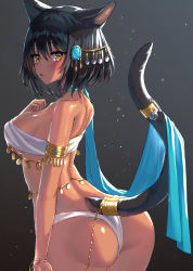 Rule 34 | 1girl, animal ears, ass, bandeau, bell, black hair, blush, bra, breasts, cat ears, cat tail, commission, cowboy shot, from behind, hand up, highres, hijiki (deriku4), jewelry, komiya nigi, looking at viewer, looking back, medium breasts, medium hair, original, panties, parted lips, smile, solo, tail, tail bell, tail ornament, tail raised, tail ring, underwear, white bra, white panties, yellow eyes