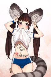 Rule 34 | 1girl, animal ear fluff, animal ears, arms up, blade &amp; soul, blush, body writing, brown eyes, brown hair, buruma, clothes in mouth, clothes lift, double v, gym uniform, lifted by self, long hair, lyn (blade &amp; soul), mouth hold, navel, raccoon ears, raccoon tail, shirt, shirt in mouth, shirt lift, smd (dsuz5554), solo, tail, tears, thigh gap, twintails, v