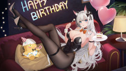 Rule 34 | abab xiaxia, animal ears, bare shoulders, black leotard, black pantyhose, blue eyes, bow, bowtie, breasts, cleavage, collar, food, fork, high heels, highres, large breasts, leaning back, legs, legs up, leotard, looking at viewer, original, pantyhose, playboy bunny, thighs, virtual youtuber