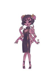 Rule 34 | 1girl, arthropod girl, breasts, china dress, chinese clothes, cleavage, cleavage cutout, clothing cutout, colored skin, double bun, dress, extra arms, extra eyes, fangs, hair bun, insect girl, mashuzu, muffet, purple skin, spider girl, undertale