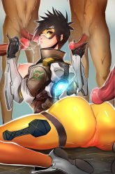 Rule 34 | 1girl, 2boys, ass, breasts, censored, handjob, head out of frame, hetero, highres, large breasts, multiple boys, overwatch, overwatch 1, penis, skin tight, tracer (overwatch), visor