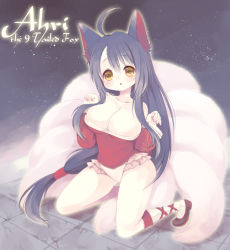 Rule 34 | 1girl, ahoge, ahri (league of legends), animal ears, bare shoulders, black hair, breasts, character name, cleavage, fox ears, fox tail, kneeling, konatsu miyu, large breasts, league of legends, long hair, multiple tails, solo, tail, very long hair, yellow eyes