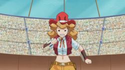 Rule 34 | 1girl, animated, animated gif, announcer, belt, breasts, cowboy hat, female focus, hat, holding, holding microphone, large breasts, light brown hair, melissa claire, microphone, midriff, navel, shirt, stadium, talking, vest, wink, yu-gi-oh!, yu-gi-oh! arc-v