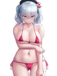 Rule 34 | 1girl, alternate costume, arm under breasts, bare arms, bare shoulders, beret, bikini, blue eyes, blush, breast hold, breasts, cleavage, closed mouth, collarbone, commentary request, covered erect nipples, cowboy shot, gluteal fold, groin, hair between eyes, hat, highres, kantai collection, kashima (kancolle), kerchief, large breasts, long hair, looking at viewer, micro bikini, navel, oekakizuki, pink bikini, side-tie bikini bottom, sidelocks, silver hair, simple background, skindentation, solo, stomach, string bikini, swimsuit, twintails, wavy hair, white background