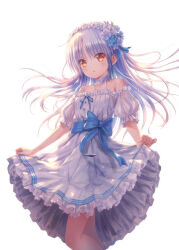 Rule 34 | 1girl, alternate costume, angel beats!, bare shoulders, blue bow, blue bowtie, bow, bowtie, commentary request, dress, feet out of frame, flower, frilled dress, frills, goto p, grey hair, hair flower, hair ornament, hairband, long hair, simple background, skirt hold, solo, tachibana kanade, white background, white dress, white hairband, yellow eyes