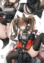 Rule 34 | +++, 1boy, 1girl, absurdres, angelina (arknights), angelina (endfield) (arknights), animal ears, anus, arknights, arknights: endfield, ass, black hair, black shirt, black thighhighs, blush, bottomless, brown hair, closed mouth, commentary, commentary request, cum, cum in pussy, cumdrip, english text, fox ears, fox girl, fox tail, gloves, hair between eyes, heart, highres, implied sex, jacket, leg up, multiple views, nopetroto, off shoulder, open clothes, open jacket, pussy, red jacket, shirt, short hair, simple background, sitting, sitting on face, sitting on person, smile, spread legs, tail, thighhighs, thighs, tongue, tongue out, twintails, white background