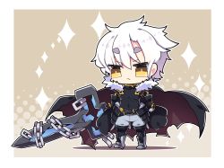 Rule 34 | 1boy, armored boots, black cape, black footwear, black shirt, boots, brown background, brown cape, cape, chain, chibi, closed mouth, commentary request, covered navel, emperor (sennen sensou aigis), full body, fur-trimmed cape, fur trim, grey pants, hair between eyes, halftone, halftone background, highres, holding, holding sword, holding weapon, male focus, milkpanda, pants, sennen sensou aigis, shadow, shirt, short eyebrows, solo, sparkle, standing, sword, thick eyebrows, thigh boots, weapon, white hair, yellow eyes