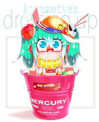 Rule 34 | 1girl, alternate costume, american flag, aqua hair, bad id, bad pixiv id, badge, bespectacled, blue eyes, blush, bucket, button badge, double v, earrings, english text, female focus, glasses, green nails, hair ornament, hat, in bucket, in container, jewelry, kisume, nail polish, pointy ears, red-framed eyewear, sakurai energy, scarf, short hair, solo, striped clothes, striped scarf, sweat, touhou, twintails, v, yellow scarf