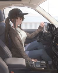 Rule 34 | 1girl, absurdres, baseball cap, black hat, blush, breasts, brown eyes, brown hair, brown jacket, car, car interior, closed mouth, commentary, denim, driving, english commentary, feet out of frame, free style (yohan1754), grey pants, hair between eyes, hat, highres, jacket, jeans, large breasts, left-hand drive, long hair, long sleeves, looking at viewer, motor vehicle, open clothes, open jacket, original, pants, ponytail, shirt, sidelocks, sitting, sleeves past wrists, smile, solo, steering wheel, white shirt