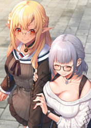 Rule 34 | 2girls, ^ ^, black choker, black neckwear, black ribbon, blonde hair, breasts, brown shirt, choker, cleavage, closed eyes, closed mouth, dark-skinned female, dark skin, elf, glasses, highres, hololive, large breasts, long hair, looking at another, mikan (chipstar182), multiple girls, open mouth, pince-nez, pointy ears, red eyes, ribbon, sailor collar, shiranui flare, shiranui flare (street), shirogane noel, shirogane noel (casual), shirt, short hair, silver hair, smile, striped clothes, striped shirt, sweater, vertical-striped clothes, vertical-striped shirt, virtual youtuber, watch, white sailor collar, white sweater