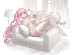Rule 34 | 1girl, absurdres, b-pang, bare shoulders, blush, bra, breasts, cleavage, collarbone, couch, curtains, food, highres, lamp, large breasts, long hair, looking at viewer, lying, navel, on back, original, panties, pillow, pink hair, popsicle, red eyes, sidelocks, solo, thighhighs, twintails, underwear, very long hair, white bra, white panties, white thighhighs, window