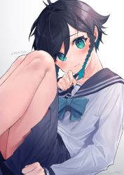 Rule 34 | 1boy, absurdres, amatya, androgynous, black hair, blouse, blue bow, blue bowtie, blue hair, blue skirt, blush, bow, bowtie, braid, closed mouth, commentary, commentary request, crossdressing, dress, english commentary, genshin impact, gradient hair, green eyes, highres, looking at viewer, male focus, miniskirt, mixed-language commentary, multicolored hair, pleated skirt, sailor collar, sailor dress, school uniform, serafuku, shirt, short hair with long locks, side braids, sidelocks, simple background, skirt, solo, trap, twin braids, venti (genshin impact), white background