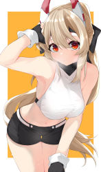 Rule 34 | 1girl, arm up, armpits, ayanami (azur lane), ayanami (dynamic kick!) (azur lane), azur lane, blonde hair, cowboy shot, crop top, fingerless gloves, gloves, hand on own head, hand on own knee, headgear, high ponytail, highres, leaning forward, light brown hair, long hair, midriff, navel, ponytail, red eyes, ryoutsu, shirt, short shorts, shorts, sleeveless, sleeveless shirt, standing