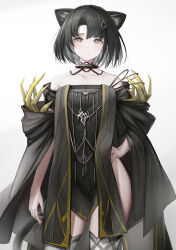 Rule 34 | 1girl, absurdres, animal ears, arknights, bare shoulders, black choker, black dress, black hair, breasts, cat ears, cat girl, cat tail, choker, collarbone, commentary request, cowboy shot, dress, hair ornament, hand on own hip, highres, looking at viewer, mandragora (arknights), no panties, nopetroto, off-shoulder dress, off shoulder, parted bangs, parted lips, short hair, simple background, small breasts, solo, standing, tail, thighhighs, white background, yellow eyes