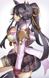 Rule 34 | 1girl, animal ears, black hair, black skirt, breasts, cleavage, commentary request, crop top, from side, green eyes, highres, horse ears, horse girl, horse tail, jacket, large breasts, long hair, long sleeves, looking at viewer, mouth hold, narita brian (umamusume), pink jacket, pleated skirt, rope, scottie (phantom2), shimenawa, skirt, solo, stalk in mouth, standing, standing on one leg, tail, umamusume, very long hair, white background
