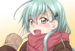 Rule 34 | 1girl, aqua hair, blush, close-up, gradient background, green eyes, hair between eyes, hair ornament, hairclip, kantai collection, long hair, long sleeves, looking at viewer, mikagami sou, open mouth, pink scarf, scarf, school uniform, sleeves past wrists, solo, suzuya (kancolle), v