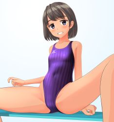Rule 34 | 1girl, absurdres, bench, black hair, blue background, blue eyes, bob cut, breasts, clothes writing, competition swimsuit, covered navel, grin, highleg, highleg swimsuit, highres, logo, looking at viewer, mizuno (brand), mole, mole under eye, one-piece swimsuit, original, purple one-piece swimsuit, short hair, sitting, small breasts, smile, solo, spread legs, striped clothes, striped one-piece swimsuit, swimsuit, takafumi, tan