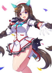 Rule 34 | 1girl, animal ears, asymmetrical gloves, black gloves, braid, breasts, brown hair, gloves, hair ribbon, half gloves, hat, hokko tarumae (umamusume), holding, holding microphone, horse ears, horse girl, horse tail, large breasts, long hair, low twin braids, microphone, miniskirt, mismatched gloves, multicolored hair, open mouth, outstretched arm, purple eyes, ribbon, sailor collar, shirt, simple background, skirt, smile, socks, solo, standing, standing on one leg, streaked hair, tail, teeth, thighs, twin braids, umamusume, upper teeth only, very long hair, vococo, white gloves, white hat, white shirt, white skirt, white socks