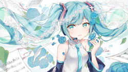 Rule 34 | 1girl, absurdres, aqua eyes, aqua hair, aqua necktie, bare shoulders, blue flower, blue rose, breasts, collared shirt, detached sleeves, drawing kanon, flower, hatsune miku, highres, holding, holding flower, long hair, long sleeves, looking at viewer, necktie, parted lips, petals, rose, see-through, sheet music, shirt, signature, simple background, small breasts, smile, solo, twintails, upper body, veil, very long hair, vocaloid, white background, white shirt