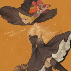 Rule 34 | 1girl, breasts, breath of fire, breath of fire v, commentary request, dress, halloween, hat, hortensia, miche (inu gosho), short hair, solo, thighhighs, witch