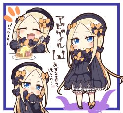 Rule 34 | 1girl, :d, ^ ^, abigail williams (fate), absurdres, blue eyes, blush, bow, chibi, closed eyes, commentary request, fate/grand order, fate (series), food, fork, hair bow, hat, highres, holding, jako (jakoo21), knife, light brown hair, long hair, looking at viewer, open mouth, pancake, sleeves past wrists, smile, solo, translation request