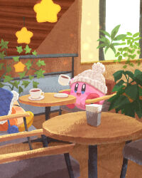 Rule 34 | :d, beanie, blue headwear, cafe, ceiling light, chair, coffee mug, cup, hat, highres, holding, holding cup, indoors, kirby, kirby (series), miclot, mug, nintendo, no humans, open mouth, plant, saucer, sitting, smile, star (symbol), table, waddle dee, white headwear, window