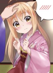 Rule 34 | 1girl, ahoge, animal ears, apron, bad id, bad pixiv id, blurry, blurry foreground, blush, brown eyes, closed mouth, commentary request, depth of field, fox ears, hair between eyes, hands up, head tilt, headpat, highres, indoors, japanese clothes, kimono, konohana kitan, light brown hair, long sleeves, looking at viewer, looking to the side, obi, pink kimono, print kimono, red apron, sakurachoco, sash, solo focus, spoken blush, wide sleeves, yuzu (konohana kitan)