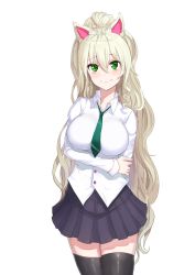 Rule 34 | 1girl, animal ears, arm behind back, black thighhighs, blonde hair, blush, breast hold, breasts, copyright request, drill hair, greem bang, green eyes, green necktie, high ponytail, highres, holding own arm, large breasts, long hair, looking at viewer, necktie, pleated skirt, school uniform, simple background, skirt, smile, solo, thighhighs, very long hair, white background, zettai ryouiki
