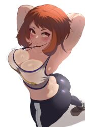 Rule 34 | 1girl, armpits, arms behind head, ass, boku no hero academia, breasts, brown eyes, brown hair, butt crack, cleavage, curvy, highres, large breasts, looking at viewer, smile, solo, standing, sweat, thick thighs, thighs, uraraka ochako