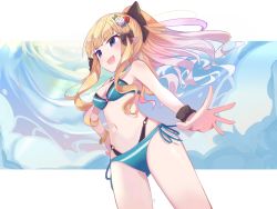 Rule 34 | 1girl, absurdres, blonde hair, blue eyes, blush, breasts, hair between eyes, hair ornament, highres, long hair, medium breasts, ponytail, princess connect!, roin, saren (princess connect!), solo, swimsuit