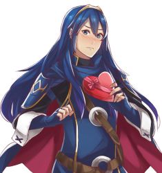 Rule 34 | 1girl, blue eyes, blue hair, blush, candy, cape, chocolate, chocolate heart, fingerless gloves, fire emblem, fire emblem awakening, food, gloves, heart, kamu (kamuuei), long hair, looking at viewer, lucina (fire emblem), nintendo, open mouth, solo, tiara, valentine