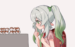 Rule 34 | 1girl, backpack, bag, blush, closed mouth, commentary request, crime prevention buzzer, cross-shaped pupils, dango, food, genshin impact, gradient hair, green eyes, green hair, grey hair, honashi, long hair, multicolored hair, nahida (genshin impact), pink shirt, pointy ears, randoseru, red bag, shirt, short sleeves, side ponytail, solo, streaked hair, symbol-shaped pupils, two-tone hair, upper body, wagashi, white background