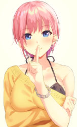 Rule 34 | 1girl, asymmetrical clothes, bikini, bikini under clothes, black bikini, blue eyes, blush, bracelet, breasts, chain, closed mouth, collarbone, commentary request, earrings, finger to mouth, glint, go-toubun no hanayome, hand on own arm, highres, hofumaso, index finger raised, jewelry, large breasts, looking at viewer, nakano ichika, pink hair, short hair, shushing, simple background, single-shoulder sweater, single bare shoulder, smile, solo, sweater, swimsuit, upper body, white background, yellow sweater