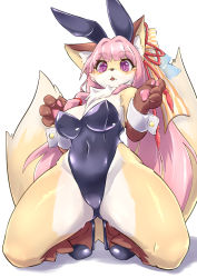 Rule 34 | 1girl, :o, animal ear fluff, animal ears, animal hands, animal nose, artist request, blush, bow, breasts, cleavage, colored skin, fox ears, fox tail, furry, furry female, hair bow, heels, leotard, long hair, looking at viewer, mary janes, medium breasts, multiple tails, muzzle, open mouth, orange fur, orange skin, pink hair, purple eyes, rabbit ears, red ribbon, ribbon, shoes, squatting, tail, two-tone fur, very long hair, white fur, white skin, wrist cuffs