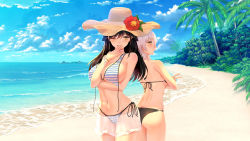Rule 34 | 2girls, absurdres, beach, black hair, breasts, cleavage, friends, hat, highres, large breasts, long hair, looking at viewer, looking back, medium breasts, multiple girls, navel, ocean, one eye closed, open mouth, short hair, silver hair, standing, summer, sunny day, swimsuit, yellow eyes