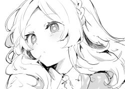 Rule 34 | 1girl, blush, braid, close-up, closed mouth, collared shirt, commentary request, double-parted bangs, flower-shaped pupils, forehead, greyscale, ikeuchi tanuma, long hair, looking at viewer, monochrome, ophelia (ikeuchi tanuma), original, portrait, raised eyebrows, shirt, sidelocks, simple background, solo, symbol-shaped pupils, white background