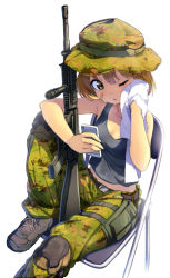 Rule 34 | 10s, 1girl, ;o, alternate costume, assault rifle, bad id, bad pixiv id, bandaid, bandaid on face, bare arms, belt, blonde hair, boots, breasts, brown eyes, camouflage, cellphone, chair, cleavage, collarbone, from above, gun, hat, holding, holding gun, holding phone, holding towel, holding weapon, kantai collection, knee up, looking at phone, m16, m16a4, magenta (atyana), midriff, military, oboro (kancolle), one eye closed, pants, phone, rifle, short hair, simple background, sitting, smartphone, solo, sweat, tank top, towel, vertical forward grip, weapon, white background