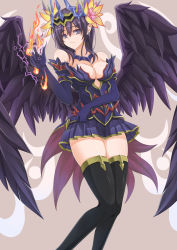 Rule 34 | 1girl, bare shoulders, black hair, breasts, cleavage, fire, flower, hair flower, hair ornament, highres, jewelry, long hair, persephone (p&amp;d), pointy ears, purple eyes, puzzle &amp; dragons, solo, thighhighs, tiara, wings, yoshioka