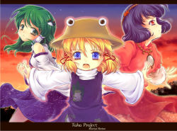 Rule 34 | 3girls, frog, frog hair ornament, from side, gradient eyes, hair ornament, iris anemone, kochiya sanae, looking at viewer, moriya suwako, mountain of faith, multicolored eyes, multiple girls, open mouth, outstretched arms, pyonta, scowl, sky, sunset, touhou, yasaka kanako