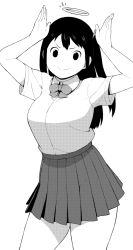 Rule 34 | 1girl, accio, bad id, bad twitter id, bow, bowtie, breasts, closed mouth, collared shirt, contrapposto, cowboy shot, greyscale, halo, hands up, large breasts, long hair, looking at viewer, monochrome, original, pleated skirt, school uniform, shirt, short sleeves, simple background, skirt, smile, solo, standing, twintails, v-shaped eyebrows, white background, wing collar