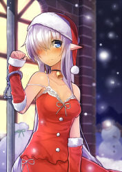 Rule 34 | 1girl, arm warmers, bare shoulders, bell, neck bell, blue eyes, blush, breasts, choker, christmas, cleavage, cuffs, dress, hair over one eye, handcuffs, hat, hitoshi, long hair, original, pointy ears, red dress, sack, santa hat, silver hair, snow, snowing, snowman, solo, tears, very long hair
