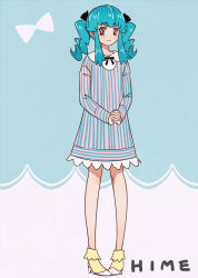 Rule 34 | 10s, 1girl, alternate costume, blue eyes, blue hair, blush, casual, character name, dress, english text, eyelashes, fashion, female focus, full body, hair ornament, hair ribbon, happinesscharge precure!, happy, kagami chihiro, long hair, looking at viewer, matching hair/eyes, precure, ribbon, shirayuki hime, shoes, smile, solo, striped clothes, striped dress, twintails