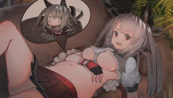 Rule 34 | 1girl, :d, animal ears, azur lane, bad id, bad pixiv id, breasts, commentary request, couch, crop top, dog ears, dog tail, fang, fingerless gloves, fingernails, gloves, grey hair, hand on own stomach, highres, indoors, knee up, kumanoi azuki, long hair, looking at viewer, lying, medium breasts, midriff, miniskirt, motion lines, multicolored nails, nail polish, navel, on back, open mouth, plant, pleated skirt, red eyes, school uniform, serafuku, short sleeves, skirt, smile, solo, stomach, sweatdrop, tail, tail wagging, tattoo, thick eyebrows, underboob, yuudachi (azur lane)