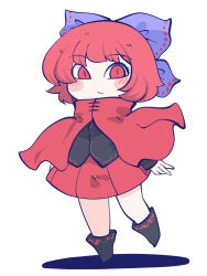 Rule 34 | 1girl, :/, blush stickers, bow, cape, chahan (fried rice0614), chibi, cloak, expressionless, full body, hair bow, highres, long sleeves, red cloak, red eyes, red hair, sekibanki, short hair, simple background, skirt, solo, standing, standing on one leg, touhou