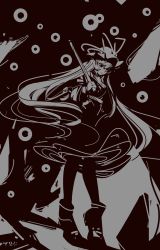 Rule 34 | 1girl, :/, absurdres, boots, chinese commentary, closed mouth, commentary request, dress, greyscale, hair between eyes, hat, hat ribbon, high contrast, highres, holding, jialuren, lofter username, long hair, looking at viewer, mob cap, monochrome, ribbon, solo, standing, touhou, very long hair, yakumo yukari