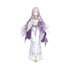 Rule 34 | 1girl, breasts, cape, detached sleeves, dress, fire emblem, fire emblem: genealogy of the holy war, fire emblem heroes, full body, haimura kiyotaka, hand on own chest, highres, julia (fire emblem), light purple hair, long hair, long sleeves, looking at viewer, medium breasts, nintendo, official art, purple eyes, purple hair, sandals, simple background, smile, solo, standing, tiara, white background, wide sleeves