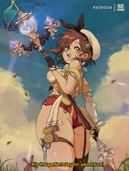 Rule 34 | 1980s (style), 1girl, :d, artist name, ass, atelier (series), atelier ryza, atelier ryza 2, blue sky, bluethebone, braid, breasts, brown hair, brown thighhighs, cloud, commentary, day, english commentary, english text, grass, highres, holding, holding staff, looking at viewer, medium breasts, oldschool, open mouth, outdoors, patreon username, red shorts, reisalin stout, retro artstyle, short hair, short shorts, shorts, single leg pantyhose, single thighhigh, sky, smile, solo, staff, standing, subtitled, tecmo, thick thighs, thighhighs, thighs, white headwear, yellow eyes