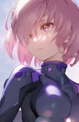 Rule 34 | 1girl, alternate costume, black bodysuit, bodysuit, breasts, commentary request, fate/grand order, fate (series), female focus, floating hair, hair between eyes, hair over one eye, looking away, mash kyrielight, matching hair/eyes, medium breasts, multicolored bodysuit, multicolored clothes, neon genesis evangelion, open mouth, parted lips, pink eyes, pink hair, plugsuit, purple bodysuit, short hair, siino, simple background, solo, teeth